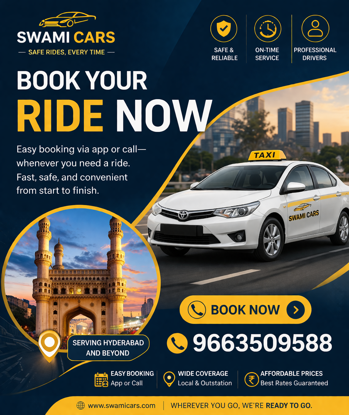 Professional taxi service poster featuring Swami Cars with city cab, Hyderabad landmark, and booking contact number