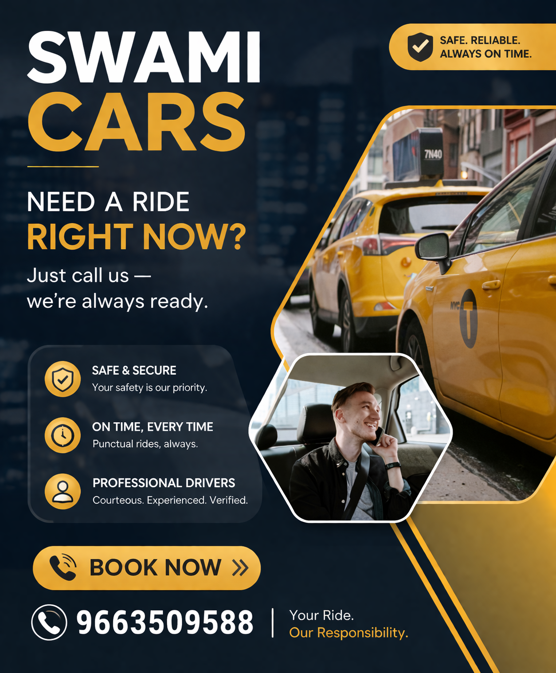 Professional taxi service advertisement showing city cabs and a happy passenger with booking contact number